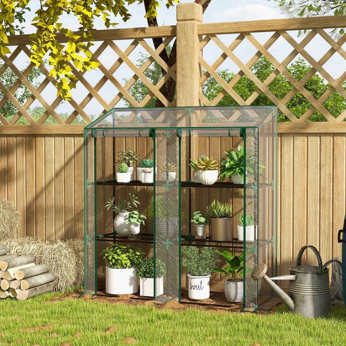 3 Tier Mini Greenhouse Portable Green House w/ Roll-up Doors, 151H x 143Wcm