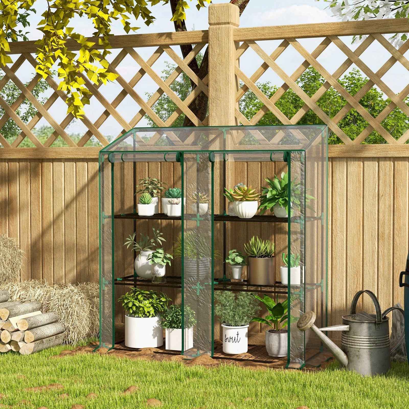 3 Tier Mini Greenhouse Portable Green House w/ Roll-up Doors, 151H x 143Wcm