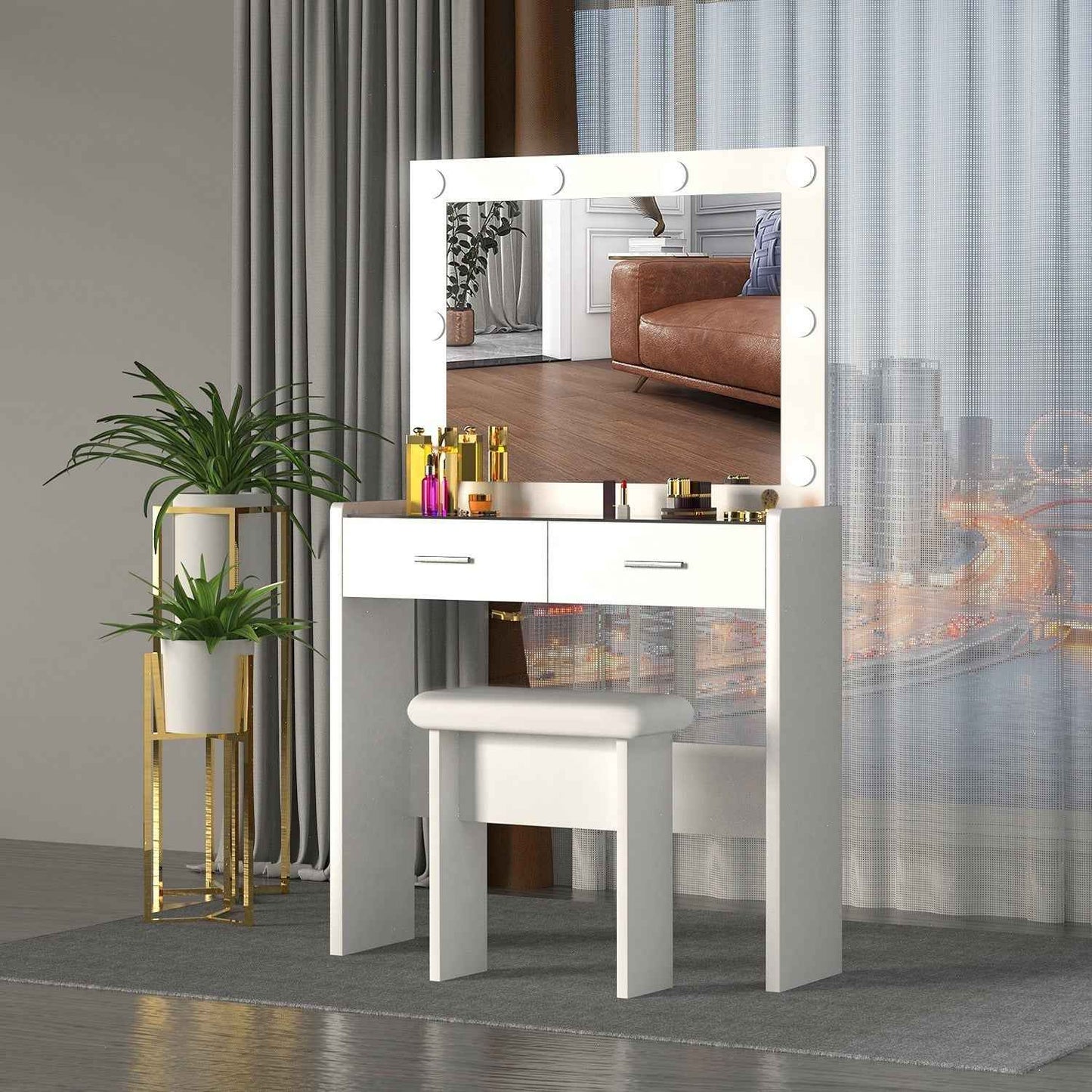 Vanity Desk with Mirror Lights Glass Top Dressing Table w/ 2 Drawers & Stool Uam