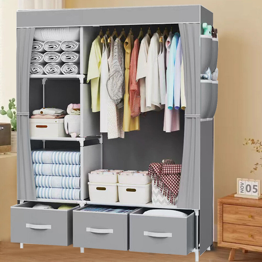 Large Fabric Canvas Wardrobe with Clothes Hanging Rail Shelving Storage Closet