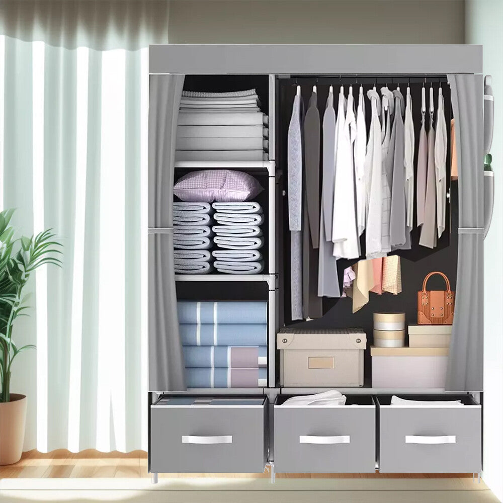 Large Fabric Canvas Wardrobe with Clothes Hanging Rail Shelving Storage Closet