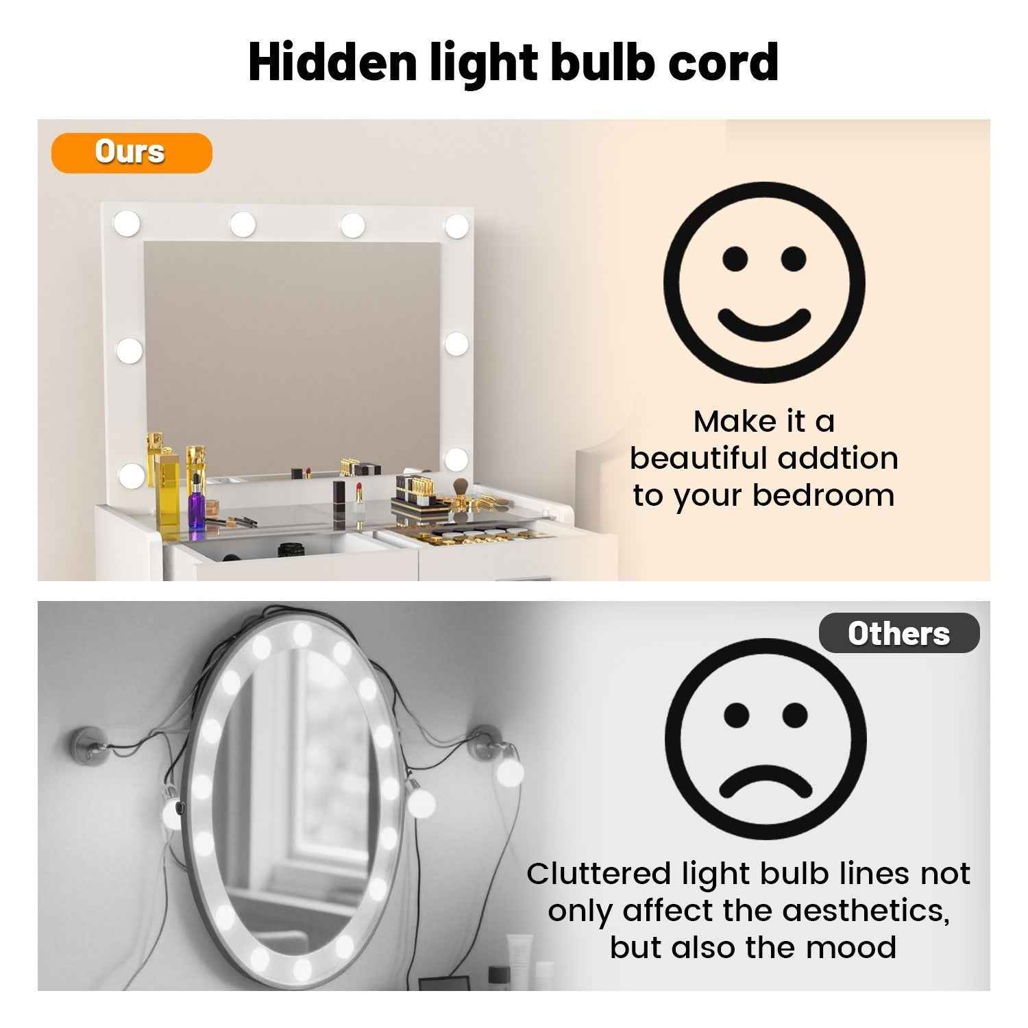 Vanity Desk with Mirror Lights Glass Top Dressing Table w/ 2 Drawers & Stool Uam