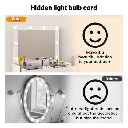 Vanity Desk with Mirror Lights Glass Top Dressing Table w/ 2 Drawers & Stool Uam