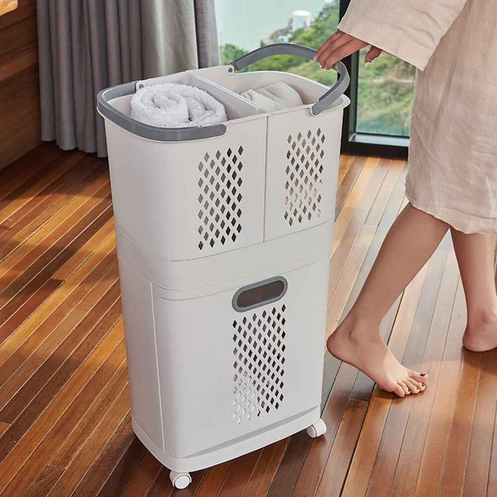3 Compartment Storage Clothes Hamper Toy Bin Washing Laundry Basket On Wheels UK