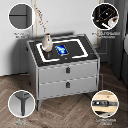 LED Bedside Table with 2 Drawers Cabinet Charging Station Nightstand Storage Gyd
