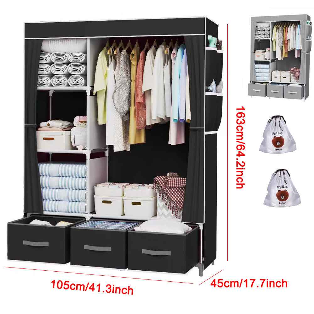 Large Fabric Canvas Wardrobe with Clothes Hanging Rail Shelving Storage Closet