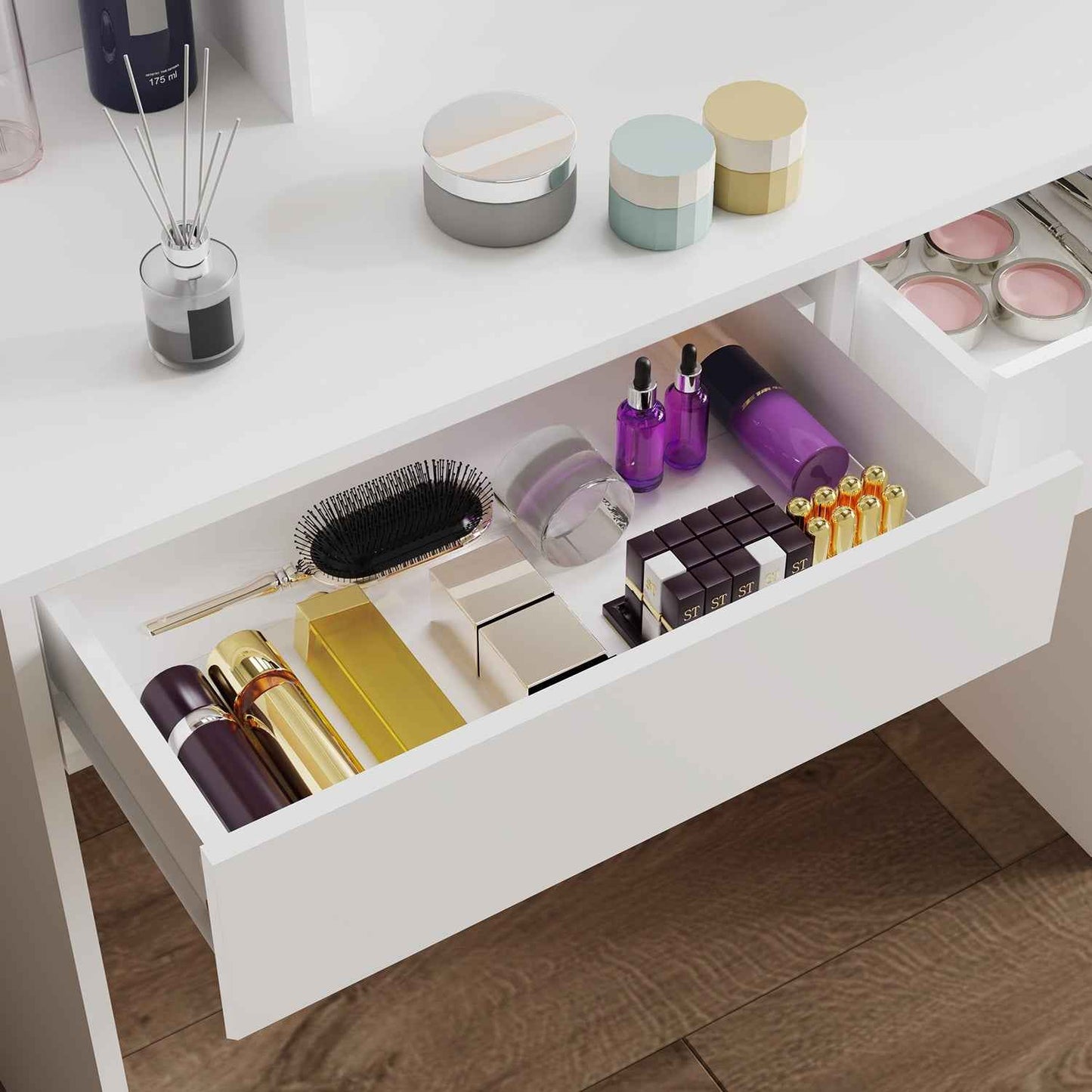 White Dressing Table Wood Makeup Desk with LED Mirror 7 Drawers Stool Bedroom