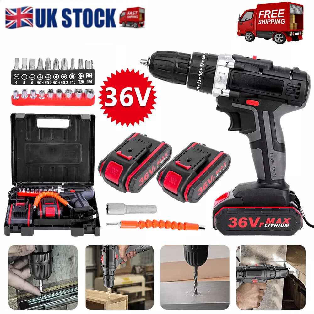 36V 2-Speed Electric Cordless Drill Screwdriver Hammer Impact w/ 2 Battery Kits