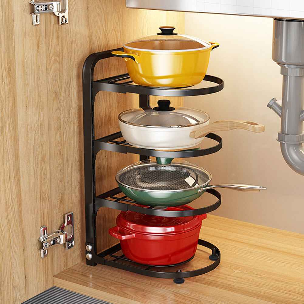 2-7Tier Black Pan Stand Saucepan Pot Rack Kitchen Storage Organiser Shelf Holder