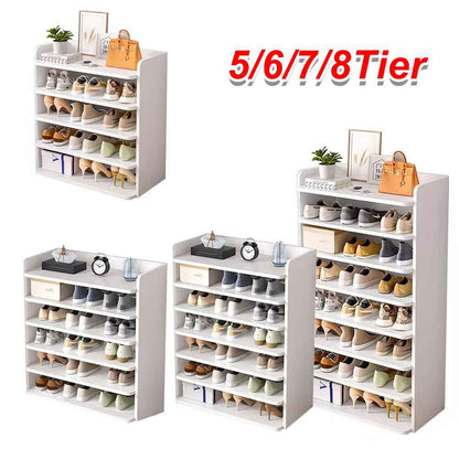 5-8 Tier White Wooden Hallway Shoe Rack Open Shelves Shoe Cabinet Storage Unit