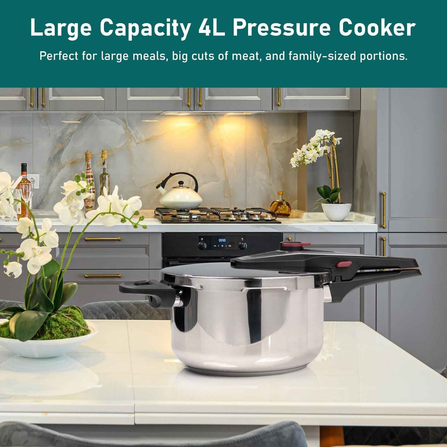 4/6 Litre Dual Handle Stainless Steel Pressure Cooker Kitchen Catering Cookware
