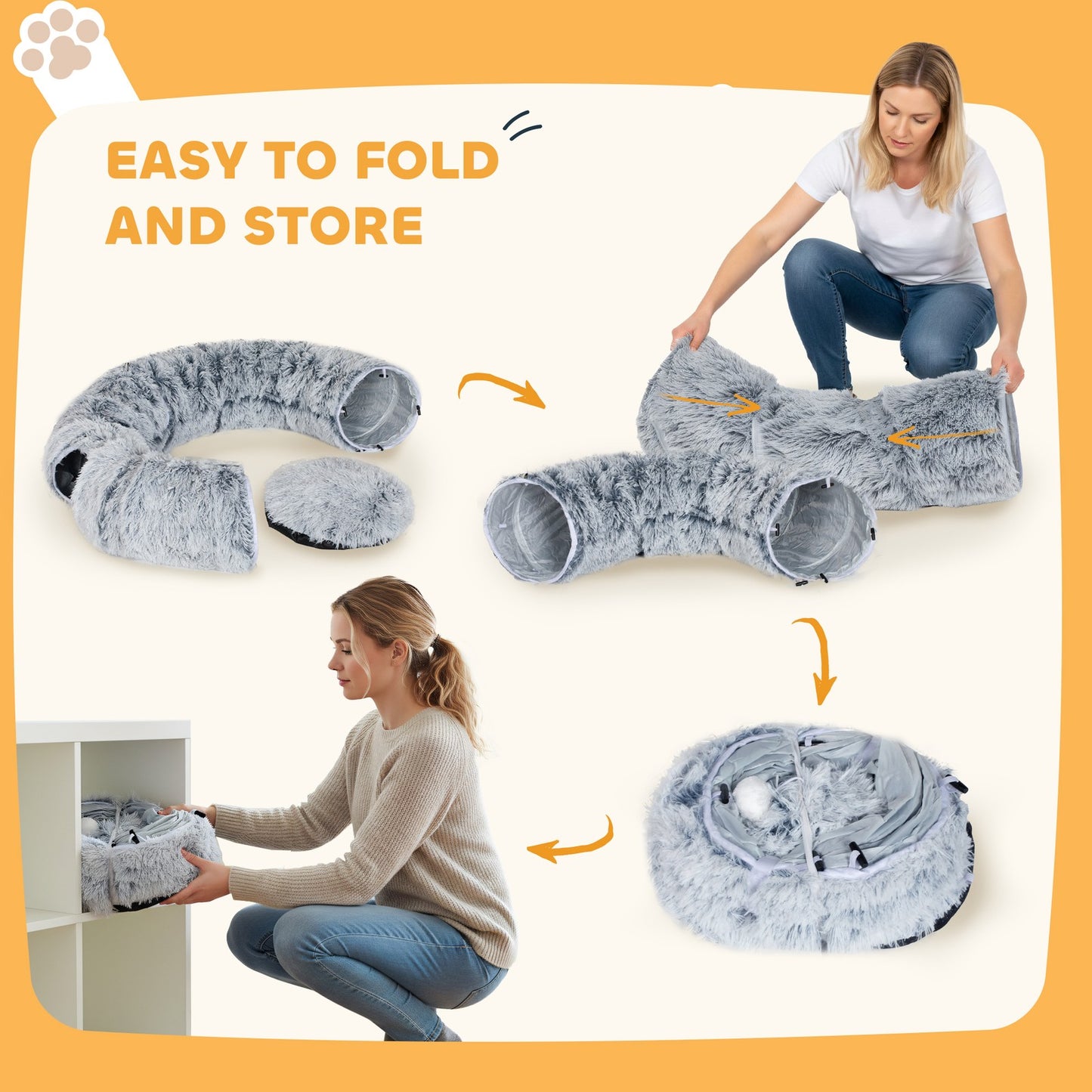 2-in-1 Donut Cat Tunnel with Plush and Washable Bed for Indoor Cats, Light Grey
