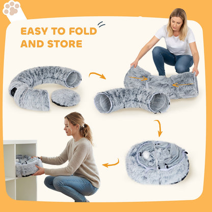 2-in-1 Donut Cat Tunnel with Plush and Washable Bed for Indoor Cats, Light Grey