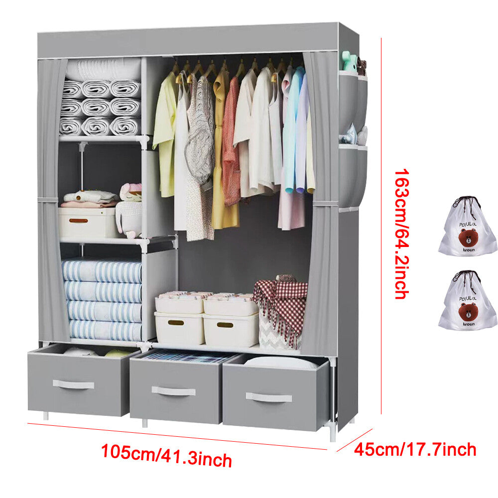 Large Fabric Canvas Wardrobe with Clothes Hanging Rail Shelving Storage Closet