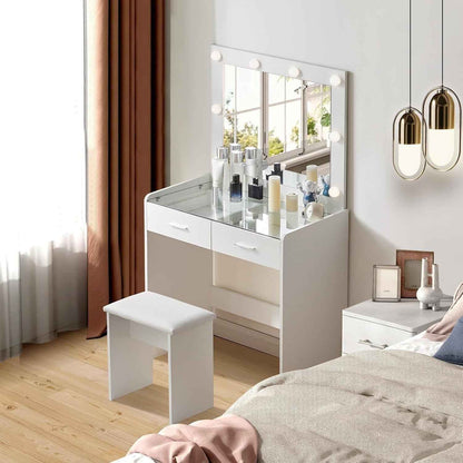 Vanity Desk with Mirror Lights Glass Top Dressing Table w/ 2 Drawers & Stool Uam