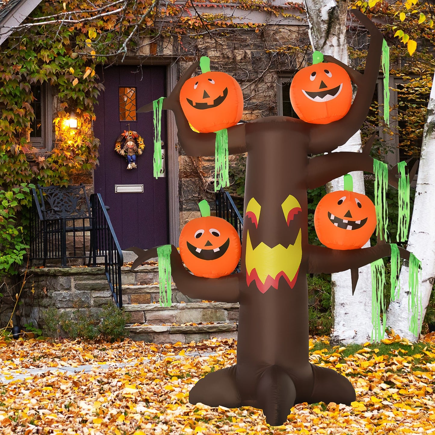 Halloween Decoration 2.4m Inflatable Ghost Tree with Pumpkins and 6 LED