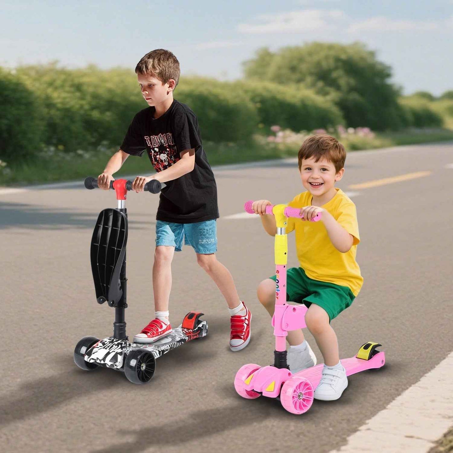 Kids Scooter Child Kick Flashing LED Light Up 3 Wheel Adjustable Folding UK