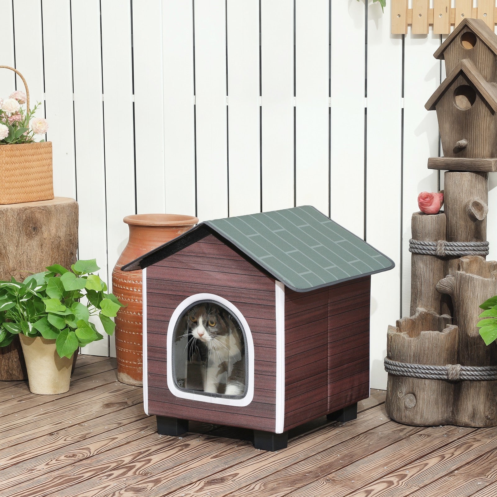 Insulated Outdoor Cat Shelter with Elevated Base, Cushion, Red-brown