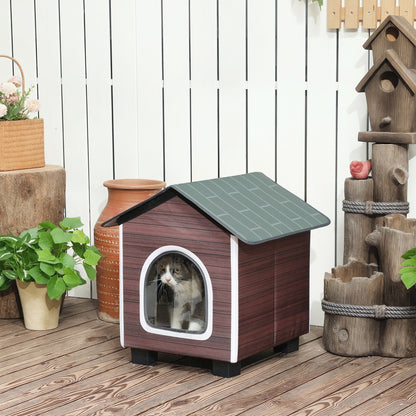 Insulated Outdoor Cat Shelter with Elevated Base, Cushion, Red-brown