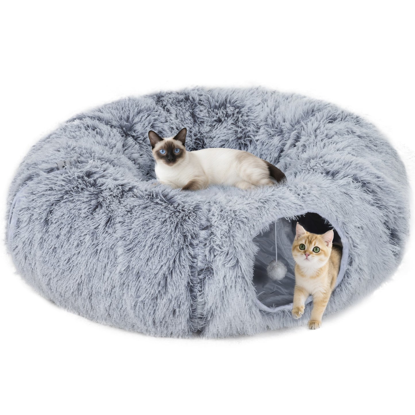 2-in-1 Donut Cat Tunnel with Plush and Washable Bed for Indoor Cats, Light Grey