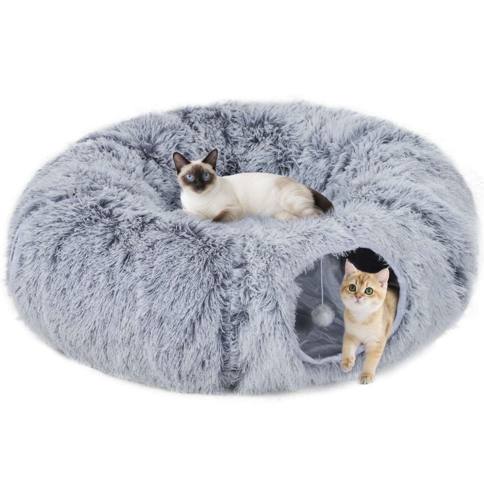 2-in-1 Donut Cat Tunnel with Plush and Washable Bed for Indoor Cats, Light Grey