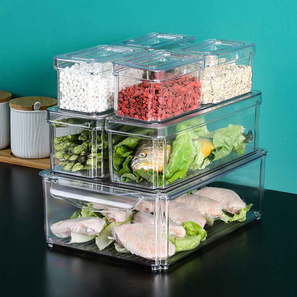 S/M/L Clear Plastic Fridge Storage Box Cupboard Organiser Fruit Veg Rack 3-10Pcs