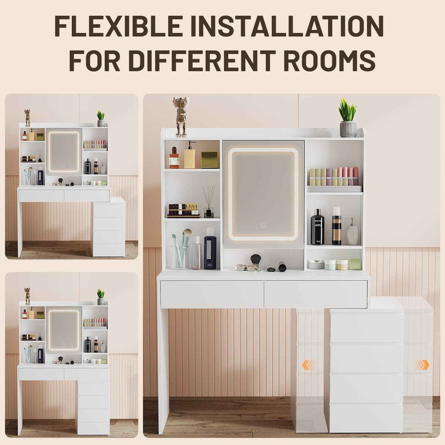 White Dressing Table Wood Makeup Desk with LED Mirror 7 Drawers Stool Bedroom