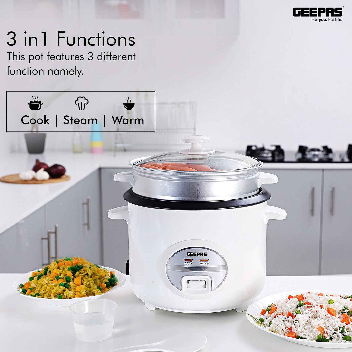GEEPAS Electric Rice Cooker Steamer Pot 3 in 1 Cooking Non Stick Keep Warm