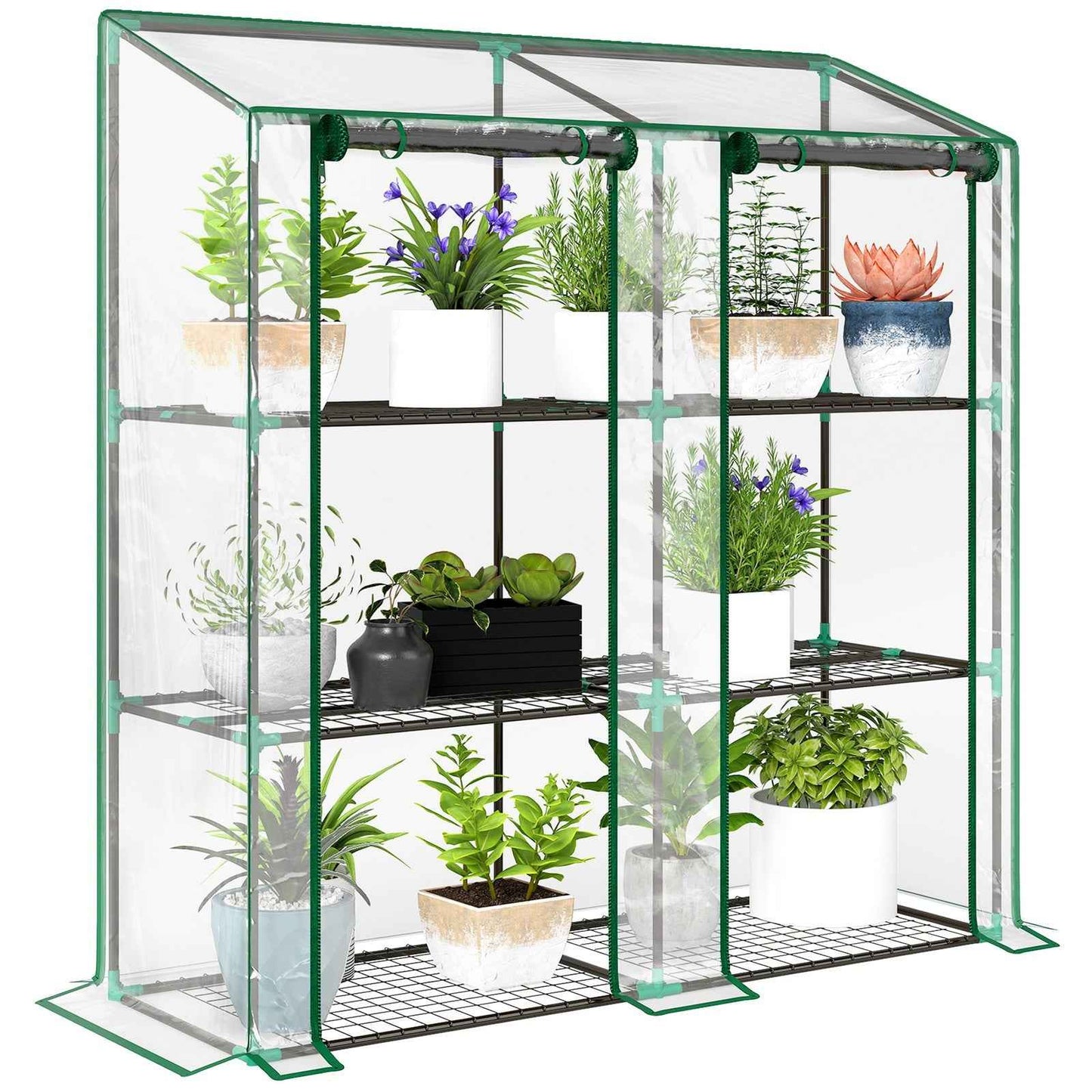 3 Tier Mini Greenhouse Portable Green House w/ Roll-up Doors, 151H x 143Wcm