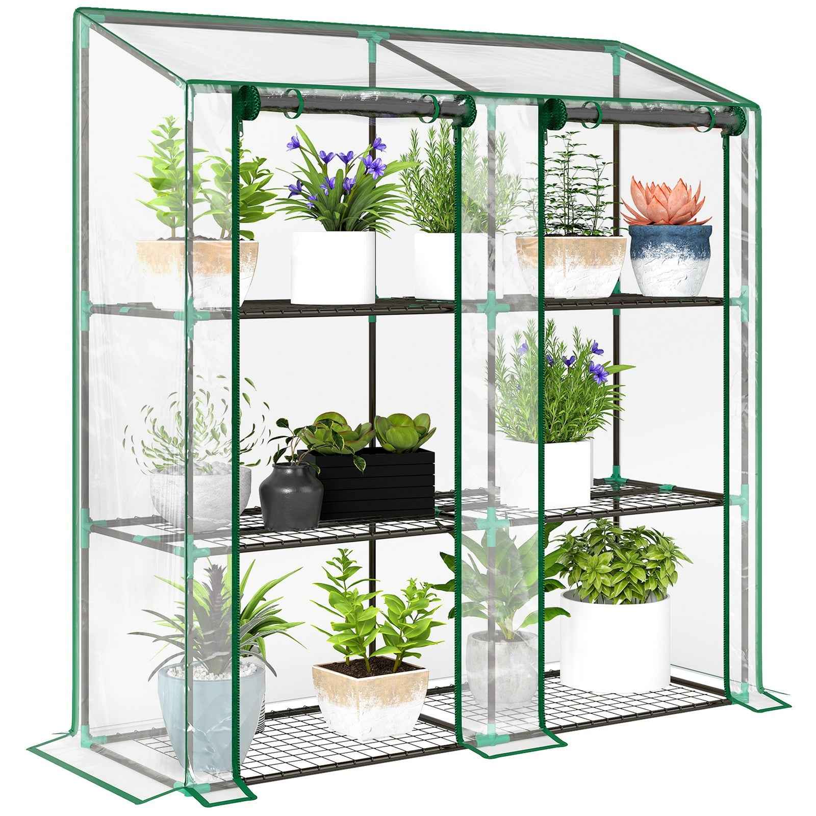 3 Tier Mini Greenhouse Portable Green House w/ Roll-up Doors, 151H x 143Wcm