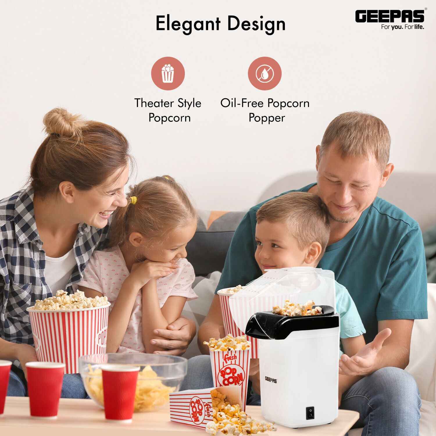 GEEPAS 1200W Popcorn Maker Machine Fat Free Hot Air Large Popper Electric