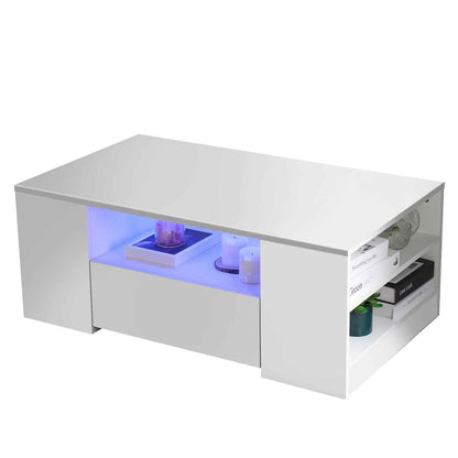 LED Coffee Table Wooden 2 Drawer Storage High Gloss Modern Living Room Furniture