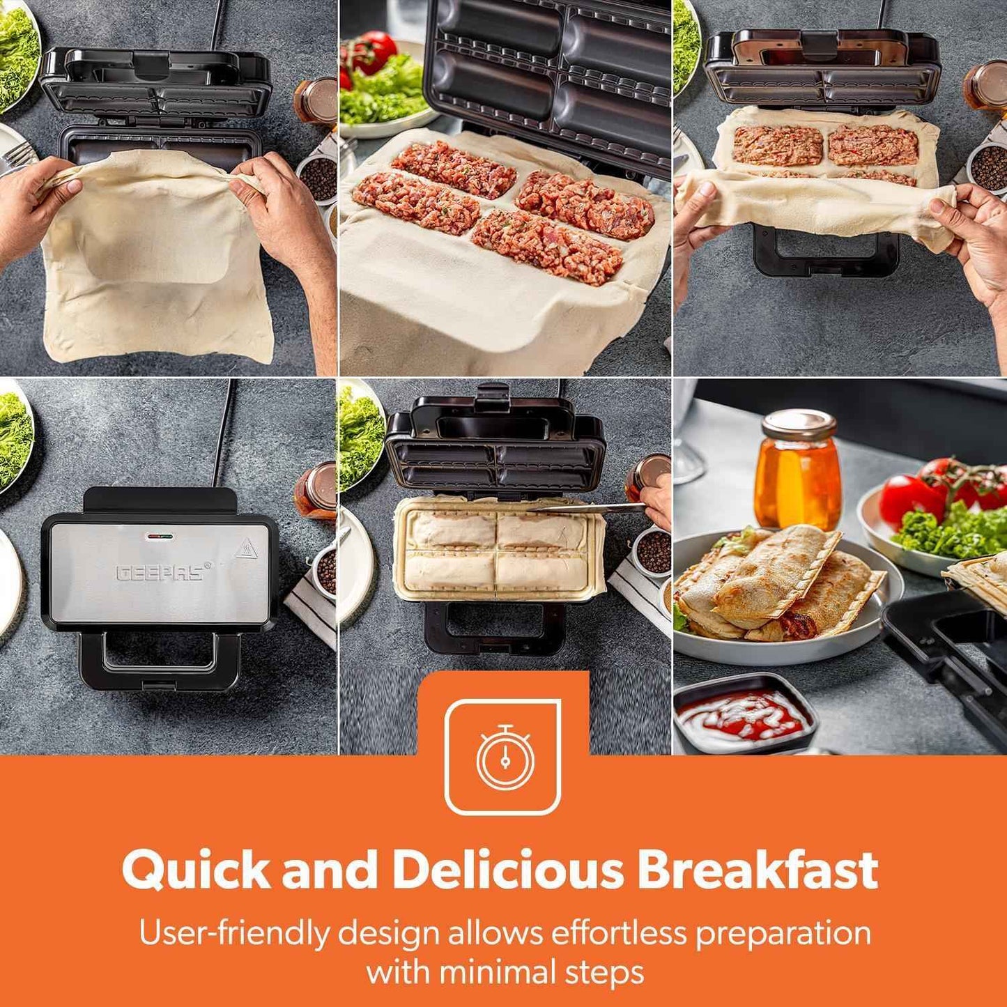 GEEPAS Sausage Roll Maker Makes 4 Rolls Non-Stick Plates Over Heat Protection