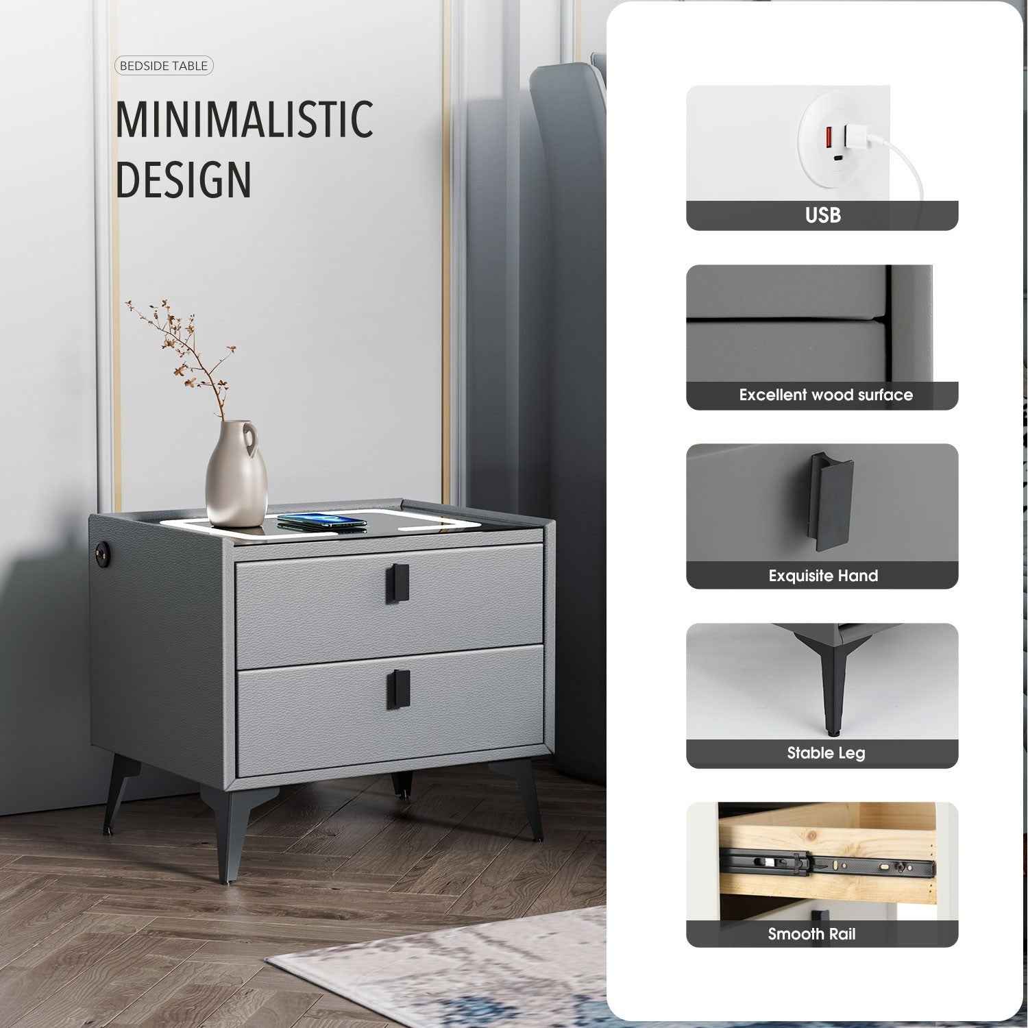 LED Bedside Table with 2 Drawers Cabinet Charging Station Nightstand Storage Gyd