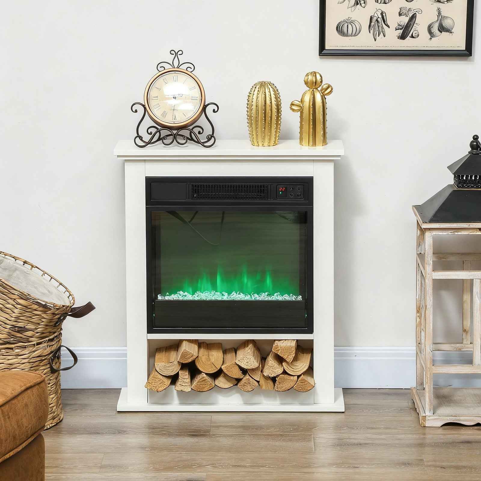 Electric Fireplace with 9 Colours Flame Effect & 5 Brightness Levels, White