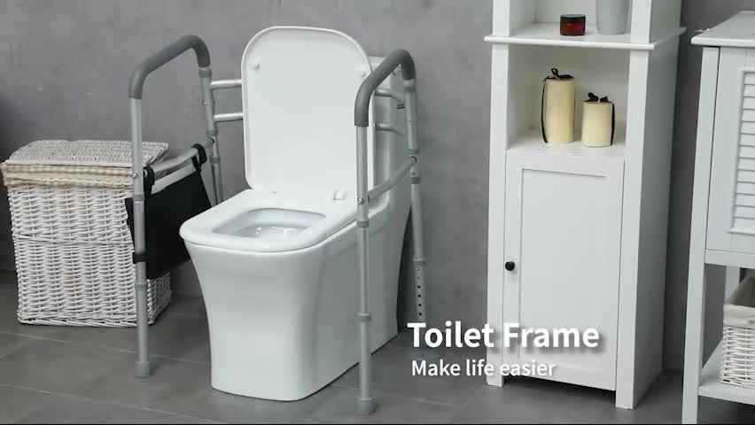 Height and Width Adjustable Toilet Frame Grab Bar with Rubber Tips Storage