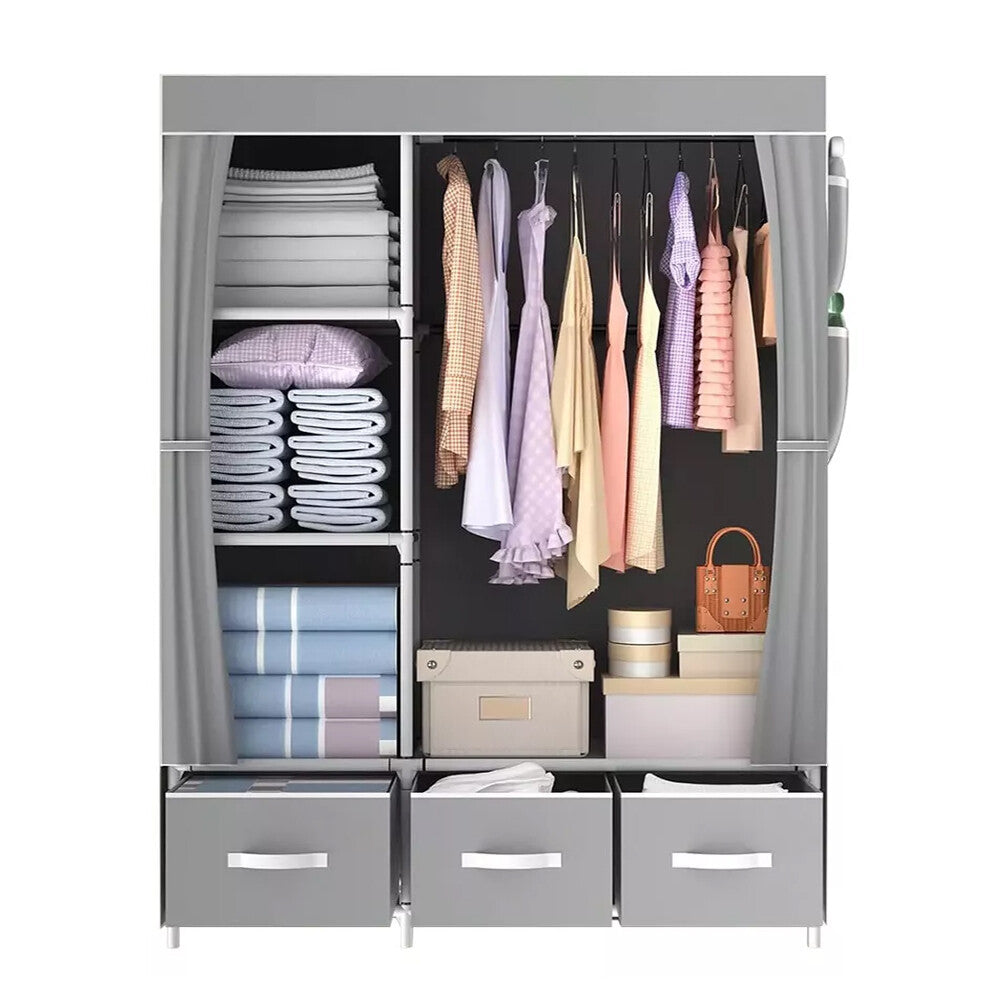 Large Fabric Canvas Wardrobe with Clothes Hanging Rail Shelving Storage Closet