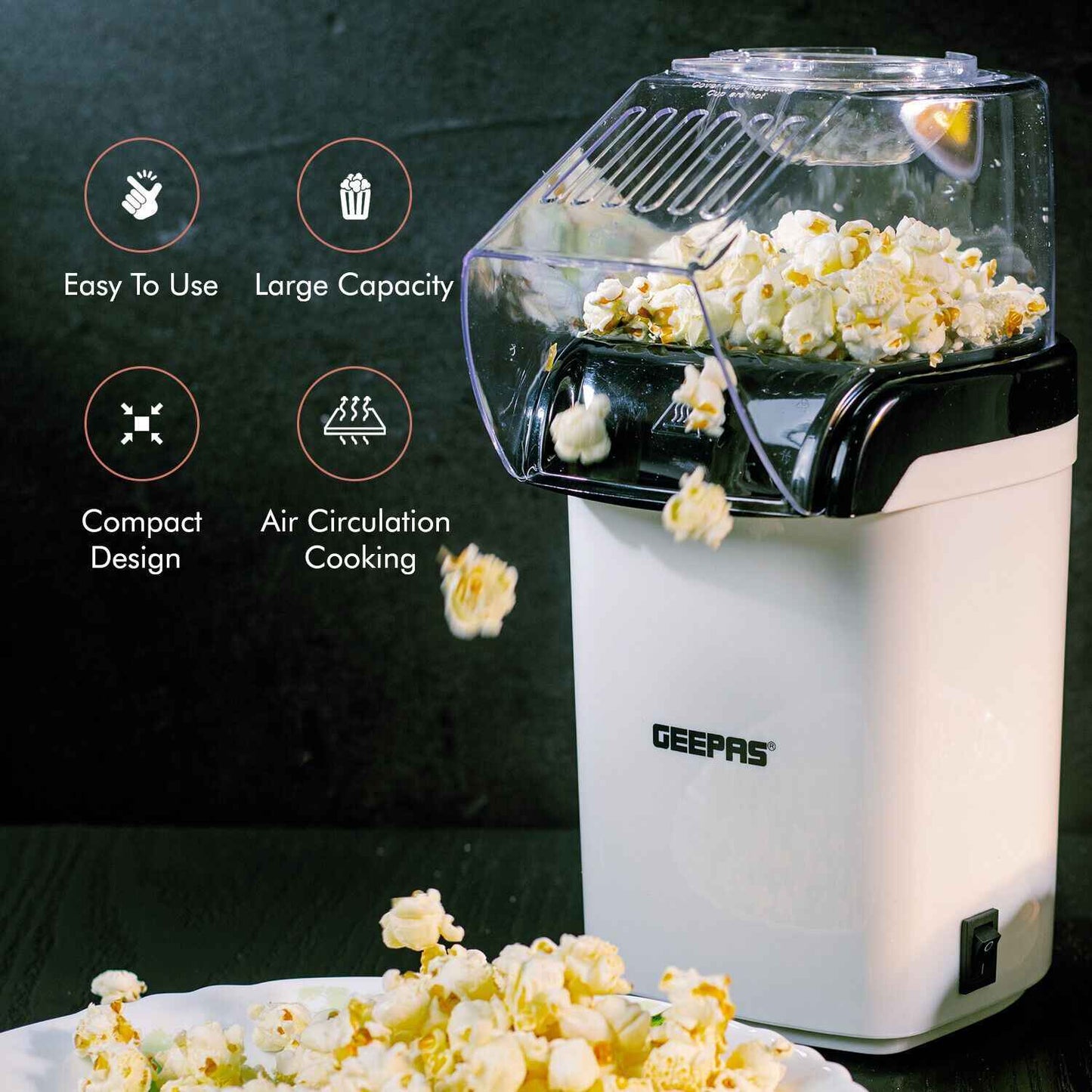 GEEPAS 1200W Popcorn Maker Machine Fat Free Hot Air Large Popper Electric