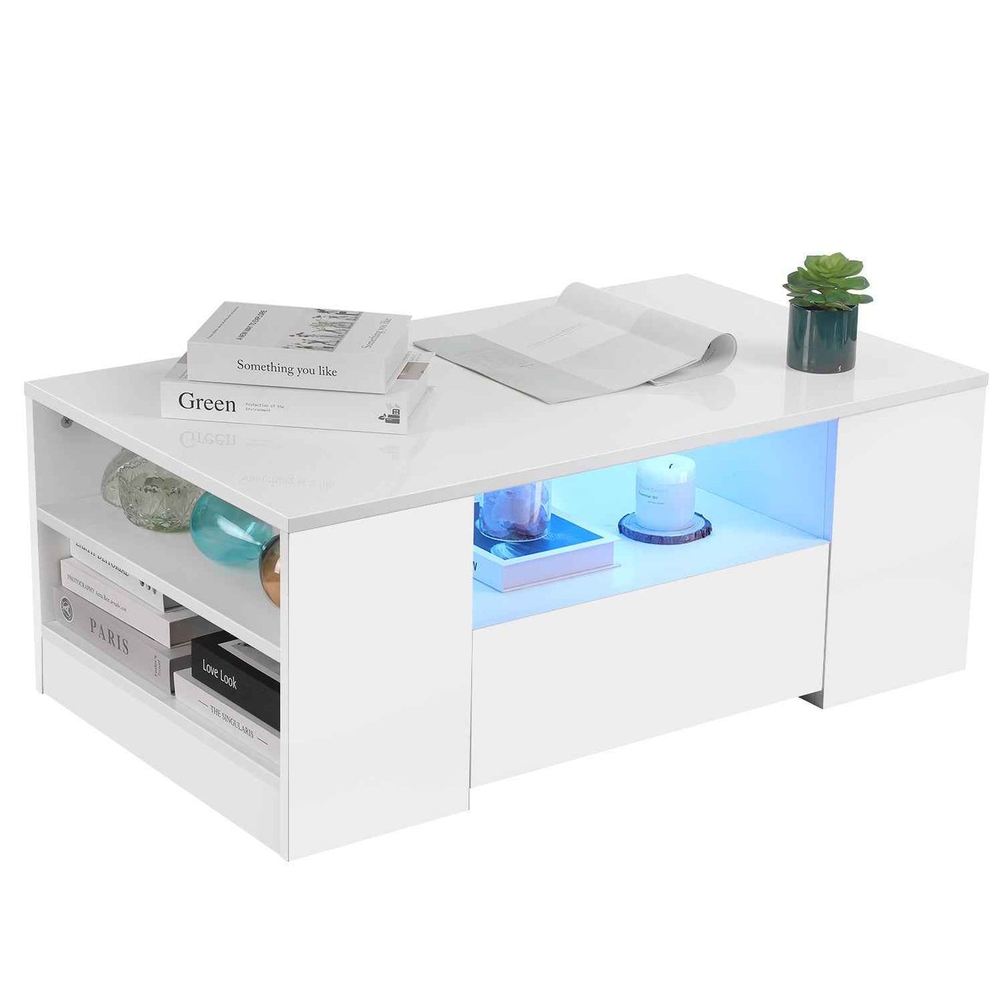 LED Coffee Table Wooden 2 Drawer Storage High Gloss Modern Living Room Furniture