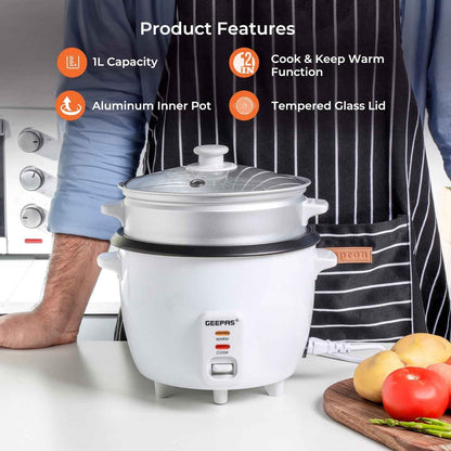 GEEPAS Electric Rice Cooker Steamer Pot 3 in 1 Cooking Non Stick Keep Warm