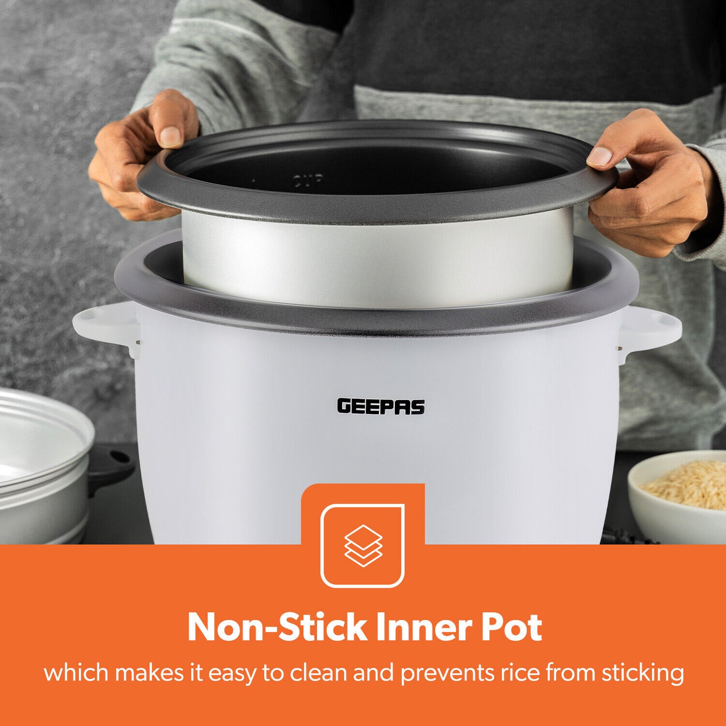 GEEPAS Electric Rice Cooker Steamer Pot 3 in 1 Cooking Non Stick Keep Warm