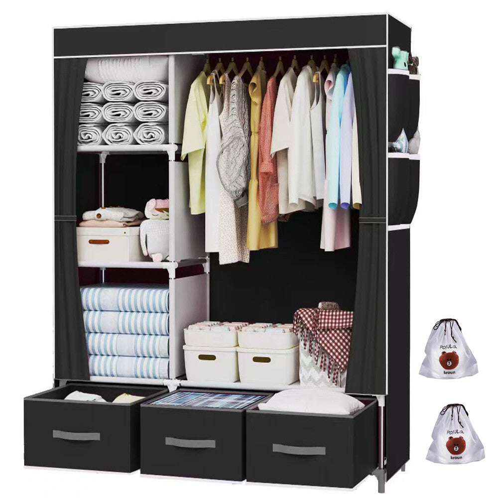 Large Fabric Canvas Wardrobe with Clothes Hanging Rail Shelving Storage Closet