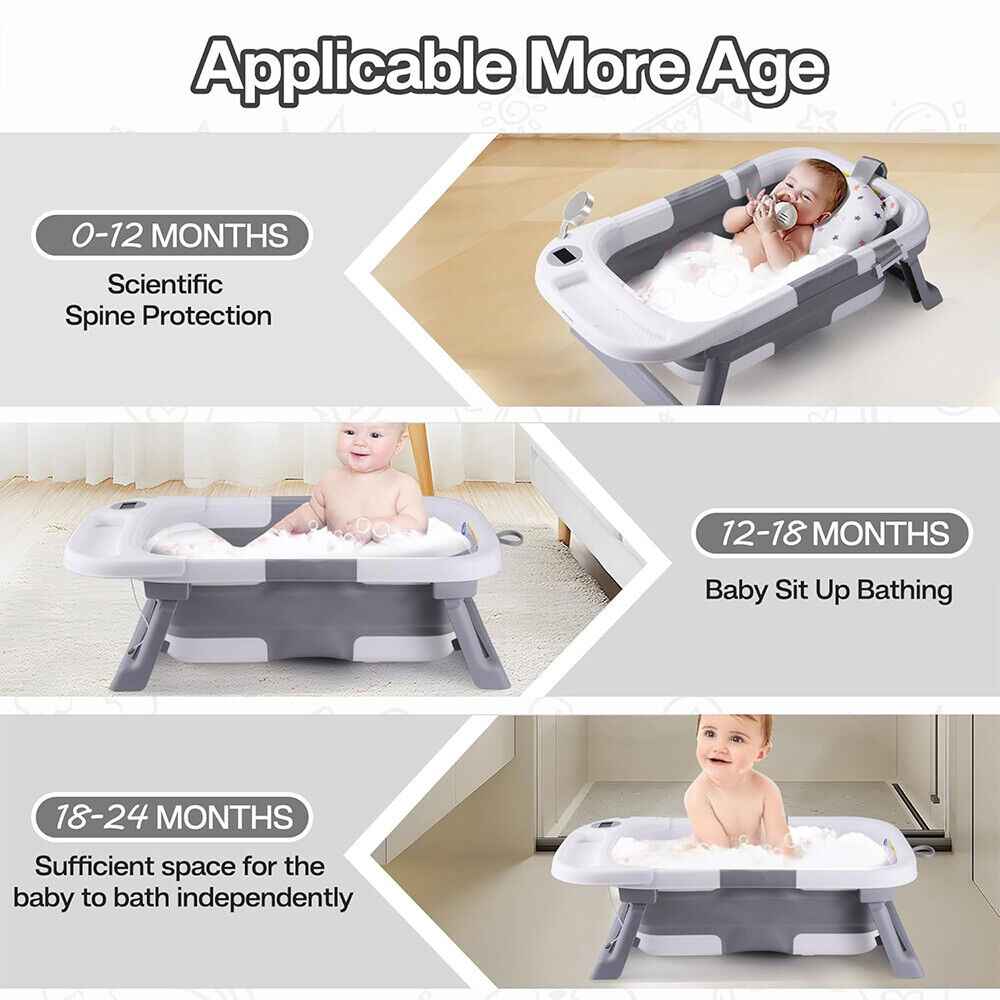 Foldable Baby Bath Tub Ergonomic with Temperature & Cushion Bath Pad + Bath Net