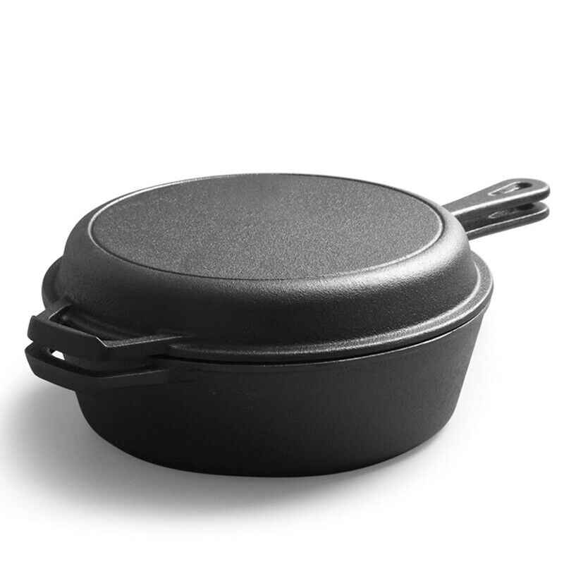 2in1 Combo Cooker Pre Seasoned Dutch Oven Pot Cast Iron Frying Pans Griddle 3Ltr