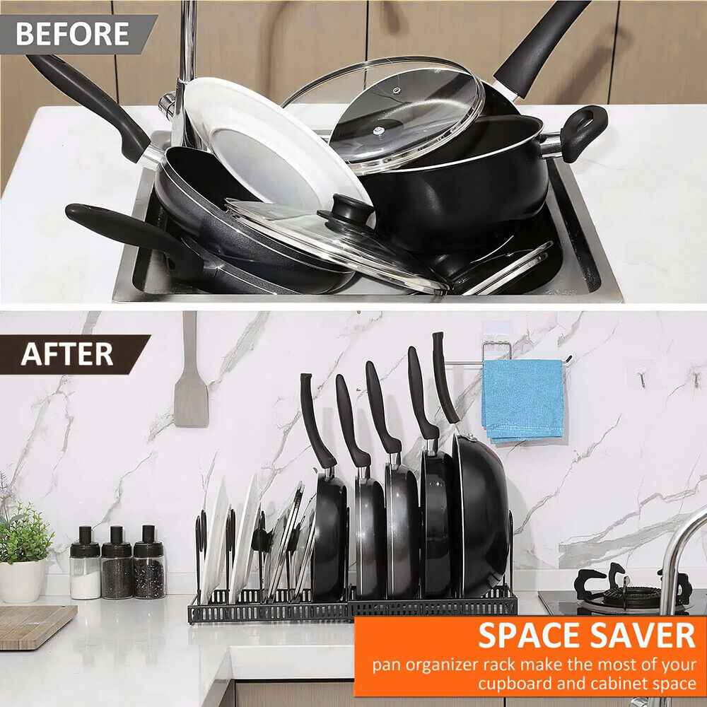 Expandable Kitchen Saucepan Pan Pot Lid Rack Holder Cupboard Drawer Organisers
