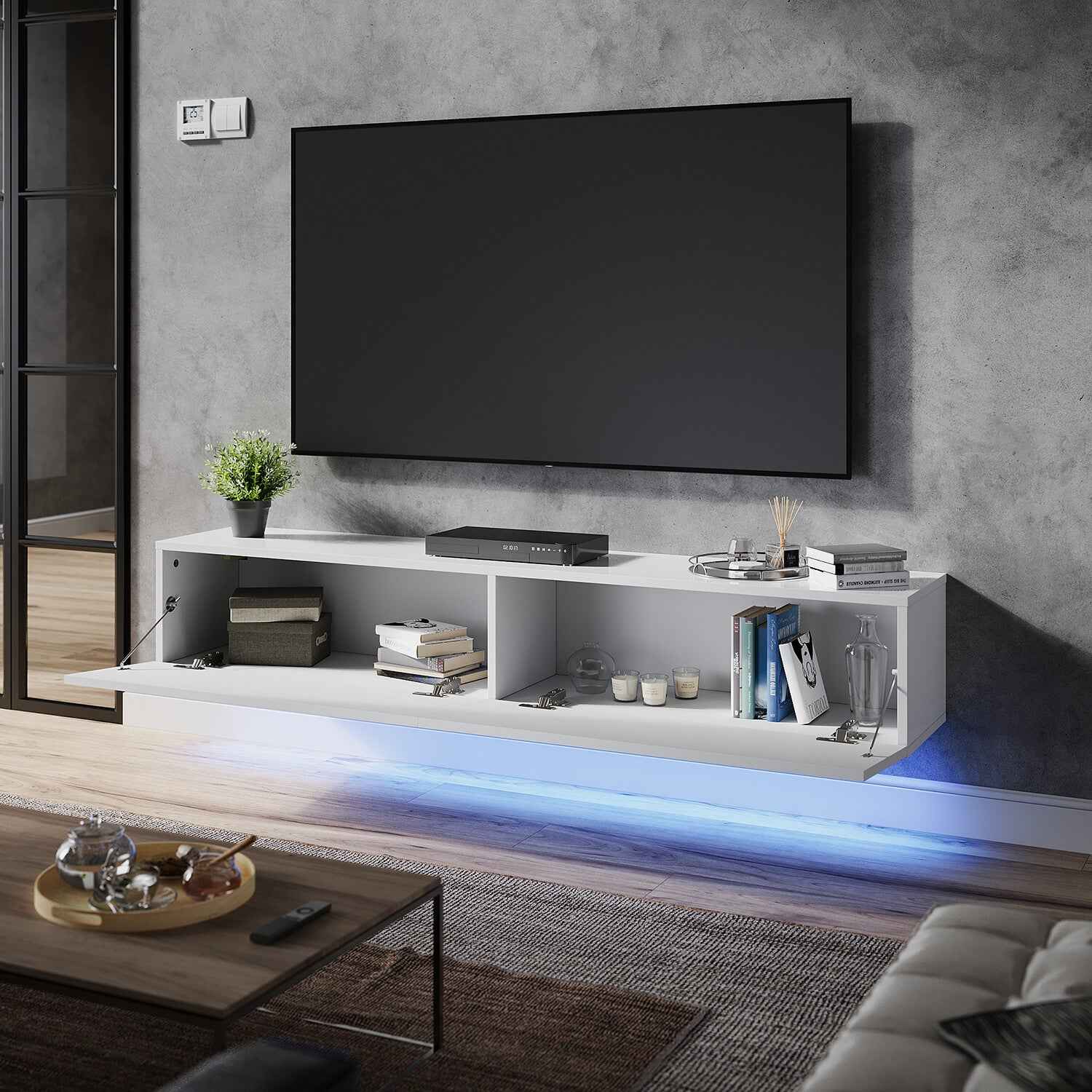 140cm High Gloss Floating TV Unit Cabinet Wall Mounted TV Stand With LED Lights