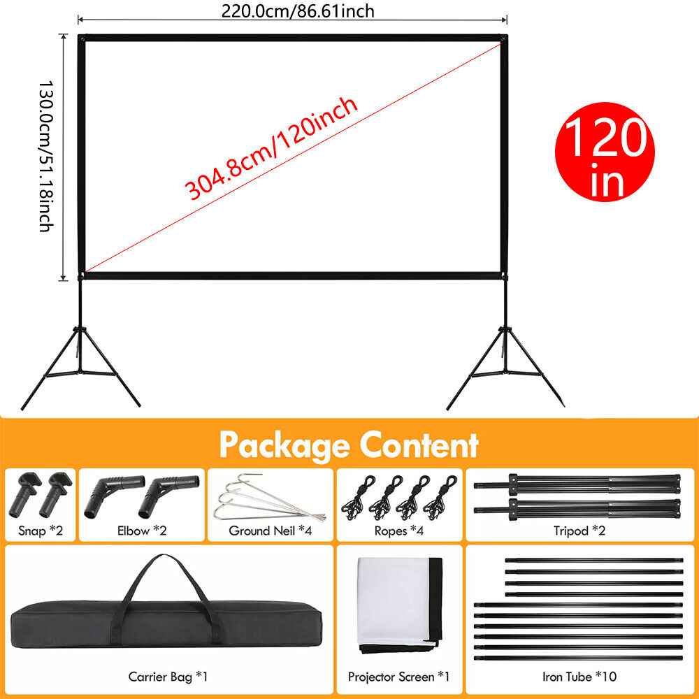120" Projector Screen w/Tripod Stand Portable Home Outdoor Movie Screen 16:9 4K