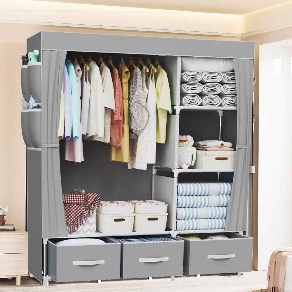 Large Fabric Canvas Wardrobe with Clothes Hanging Rail Shelving Storage Closet