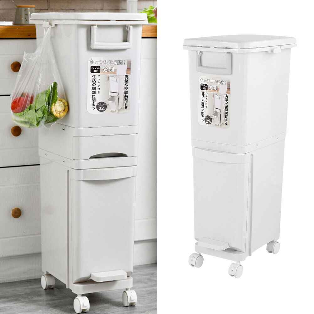Large 3 Compartment Waste Recycling Bin Kitchen Rubbish Trash Can Pedal Dustbins