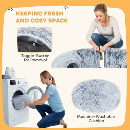 2-in-1 Donut Cat Tunnel with Plush and Washable Bed for Indoor Cats, Light Grey